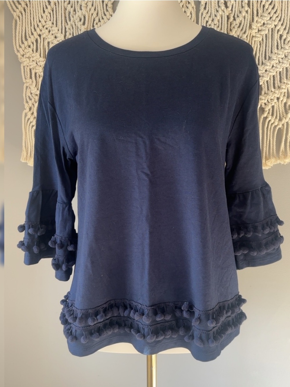 crown & ivy Navy Pom-Pom Trim Cotton Knit Top